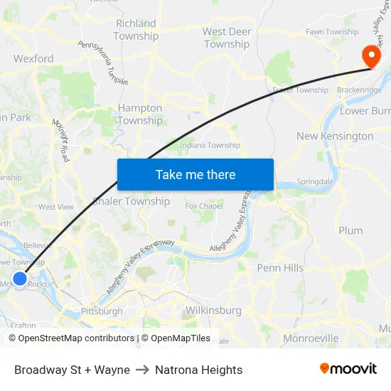 Broadway St + Wayne to Natrona Heights map
