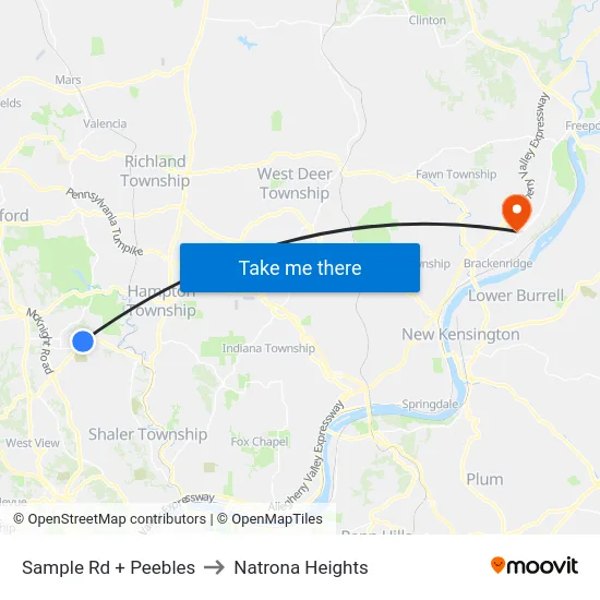 Sample Rd + Peebles to Natrona Heights map