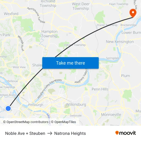 Noble Ave + Steuben to Natrona Heights map