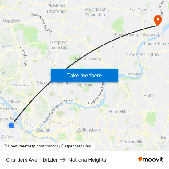 Chartiers Ave + Ditzler to Natrona Heights map