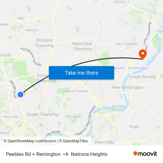 Peebles Rd + Remington to Natrona Heights map