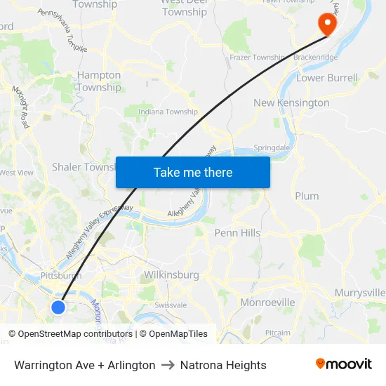 Warrington Ave + Arlington to Natrona Heights map