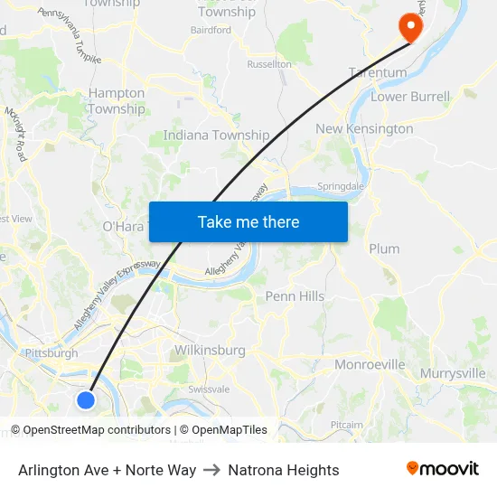 Arlington Ave + Norte Way to Natrona Heights map