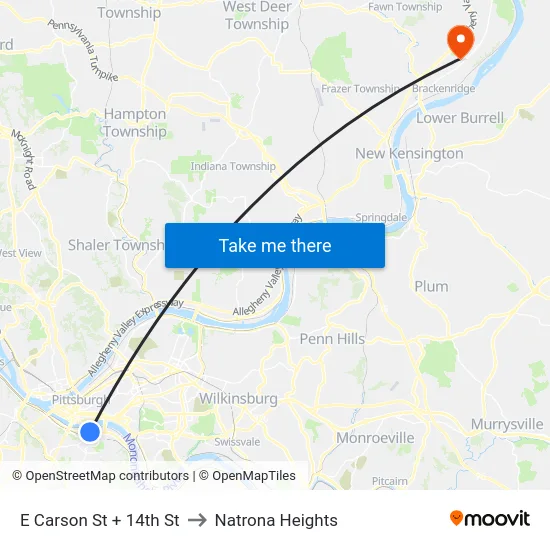 E Carson St + 14th St to Natrona Heights map
