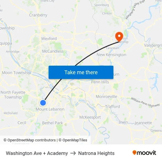 Washington Ave + Academy to Natrona Heights map