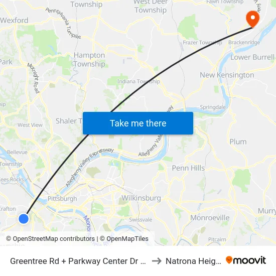 Greentree Rd + Parkway Center Dr South to Natrona Heights map