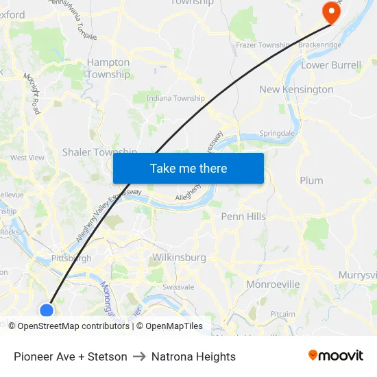 Pioneer Ave + Stetson to Natrona Heights map