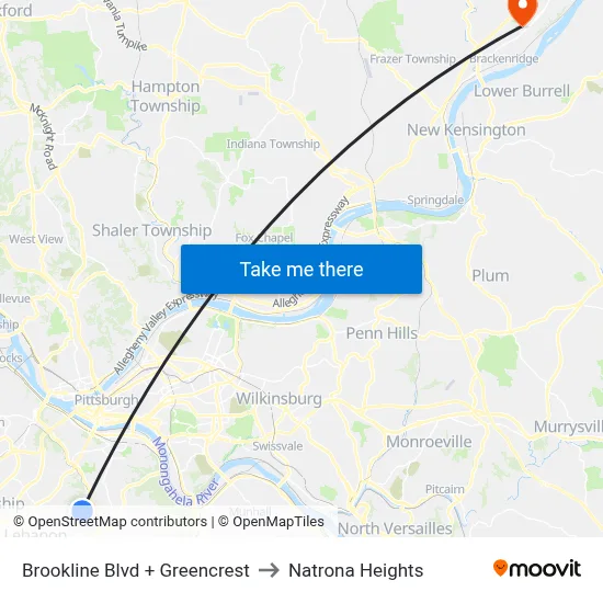 Brookline Blvd + Greencrest to Natrona Heights map