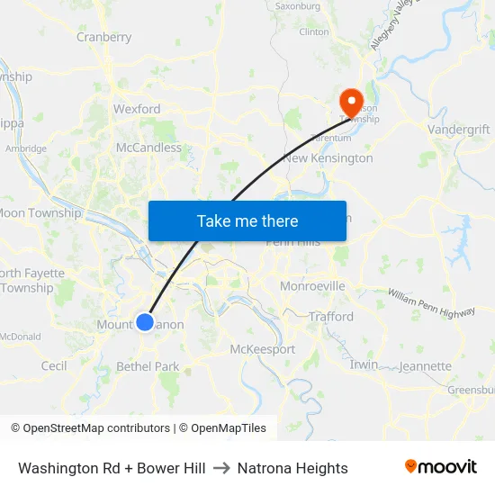 Washington Rd + Bower Hill to Natrona Heights map