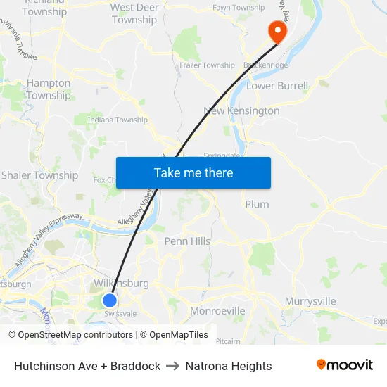 Hutchinson Ave + Braddock to Natrona Heights map