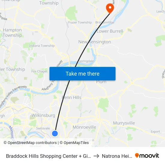 Braddock Hills Shopping Center + Giant Eagle to Natrona Heights map