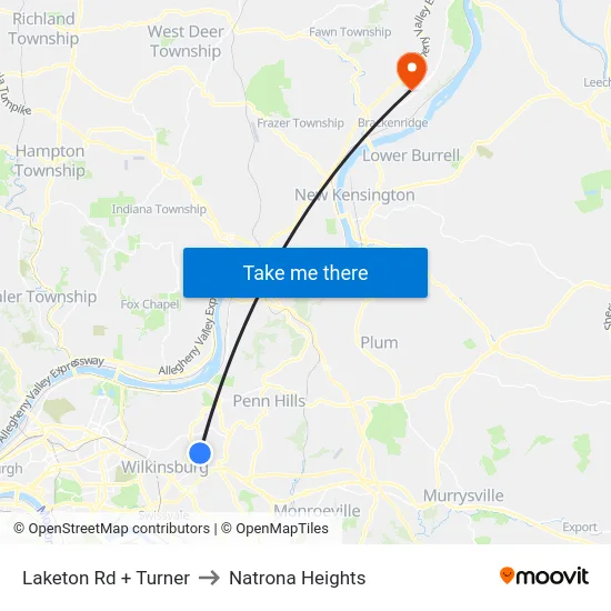 Laketon Rd + Turner to Natrona Heights map