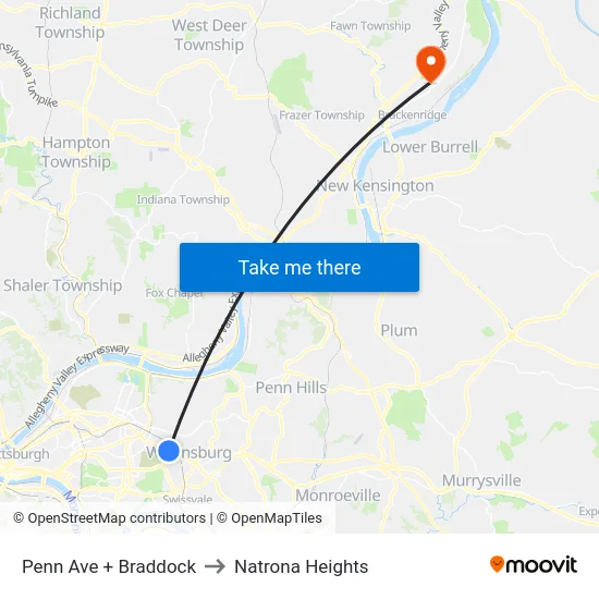 Penn Ave + Braddock to Natrona Heights map