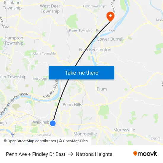 Penn Ave + Findley Dr East to Natrona Heights map