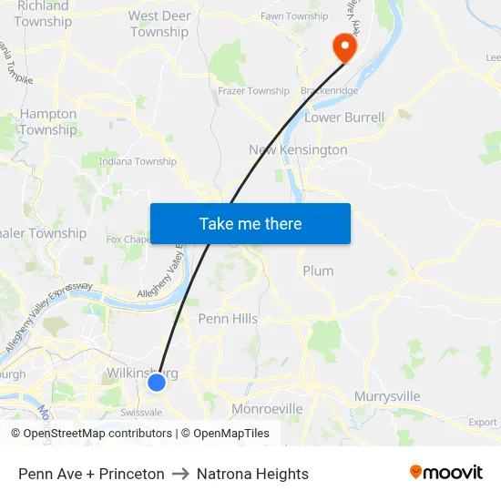 Penn Ave + Princeton to Natrona Heights map