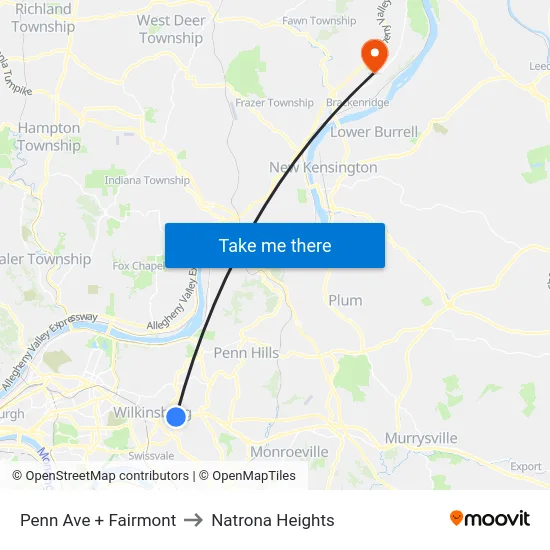 Penn Ave + Fairmont to Natrona Heights map
