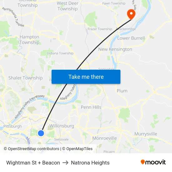 Wightman St + Beacon to Natrona Heights map