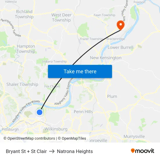 Bryant St + St Clair to Natrona Heights map