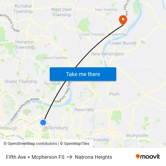 Fifth Ave + Mcpherson FS to Natrona Heights map