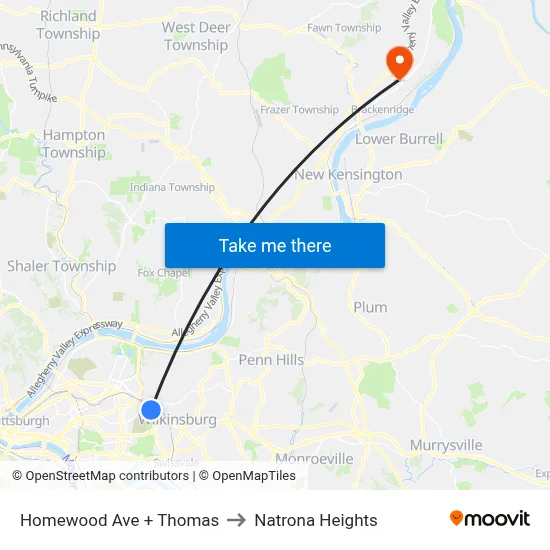 Homewood Ave + Thomas to Natrona Heights map