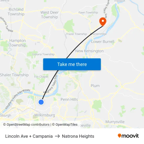 Lincoln Ave + Campania to Natrona Heights map