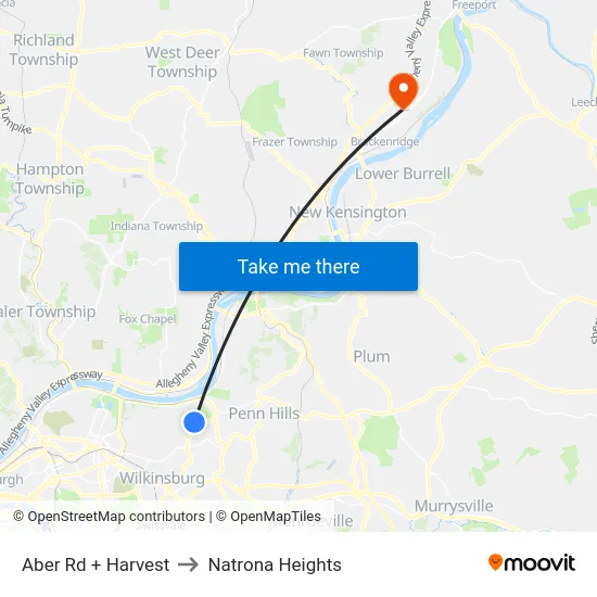 Aber Rd + Harvest to Natrona Heights map