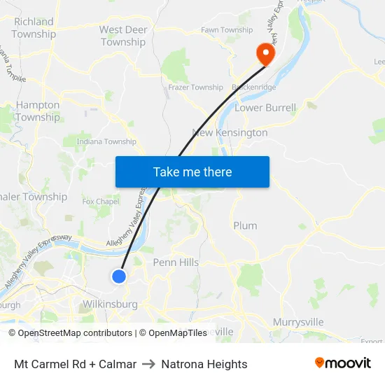 Mt Carmel Rd + Calmar to Natrona Heights map