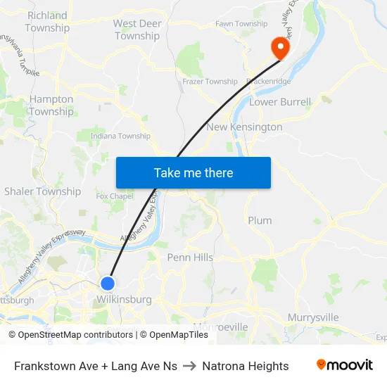 Frankstown Ave + Lang Ave Ns to Natrona Heights map