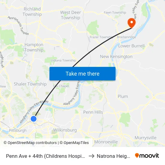 Penn Ave + 44th (Childrens Hospital) to Natrona Heights map