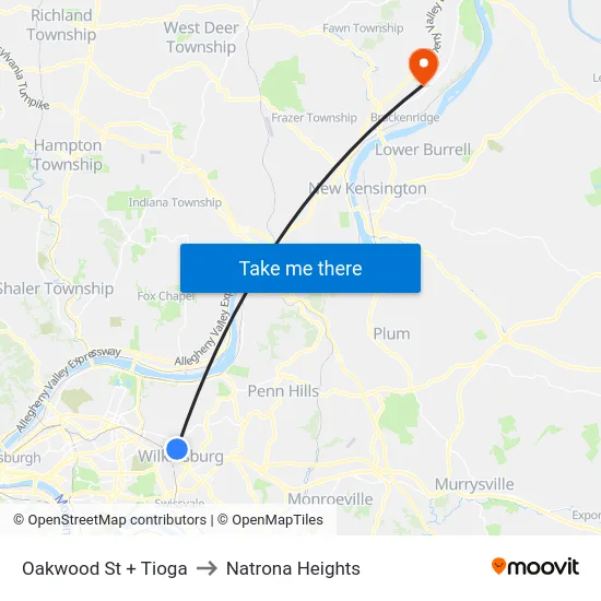 Oakwood St + Tioga to Natrona Heights map