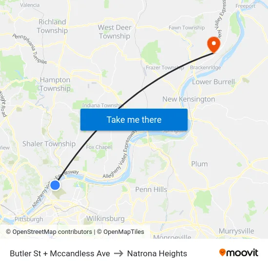 Butler St + Mccandless Ave to Natrona Heights map