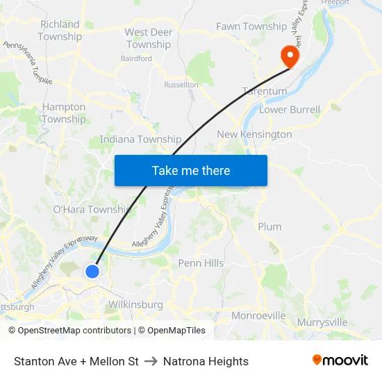 Stanton Ave + Mellon St to Natrona Heights map