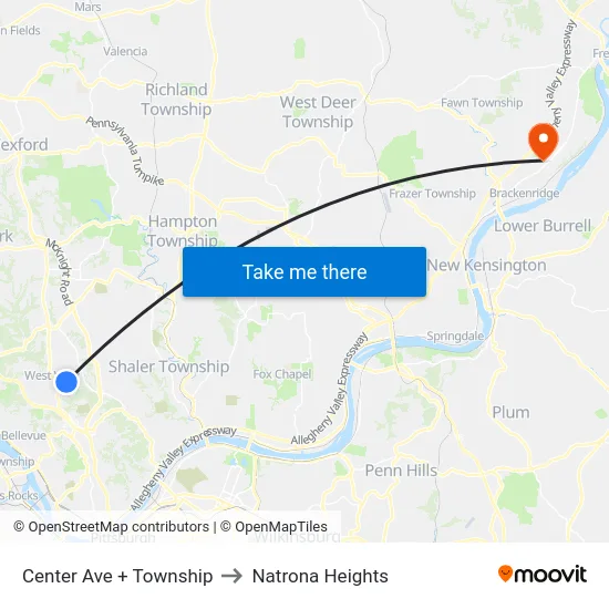 Center Ave + Township to Natrona Heights map