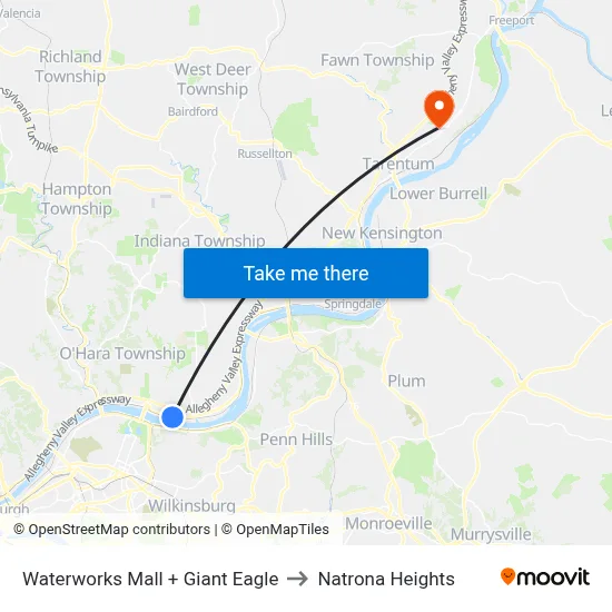 Waterworks Mall + Giant Eagle to Natrona Heights map