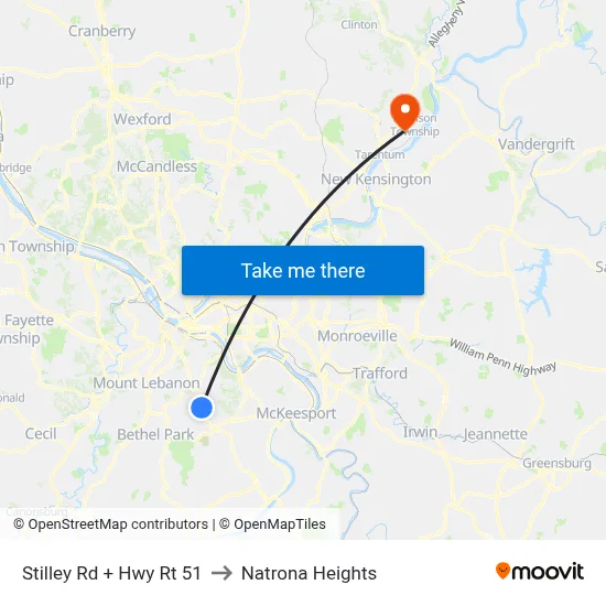 Stilley Rd + Hwy Rt 51 to Natrona Heights map