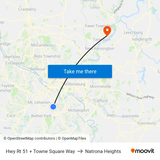 Hwy Rt 51 + Towne Square Way to Natrona Heights map