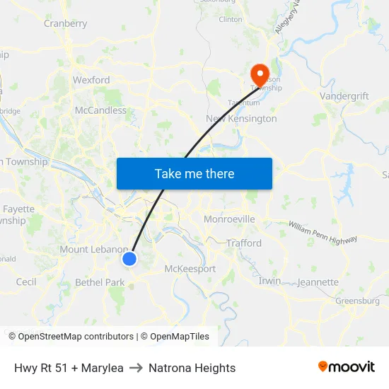 Hwy Rt 51 + Marylea to Natrona Heights map