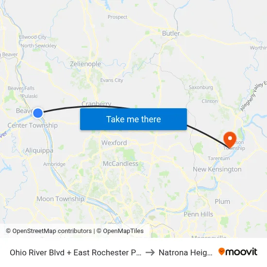 Ohio River Blvd + East Rochester Plaza to Natrona Heights map