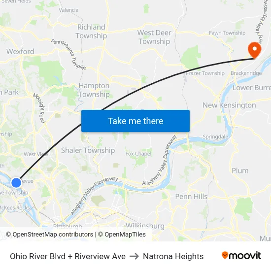 Ohio River Blvd + Riverview Ave to Natrona Heights map