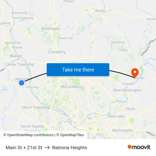 Main St + 21st St to Natrona Heights map