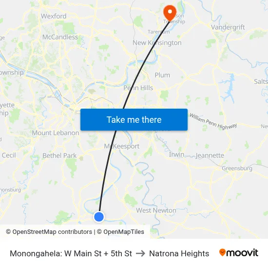 Monongahela: W Main St + 5th St to Natrona Heights map