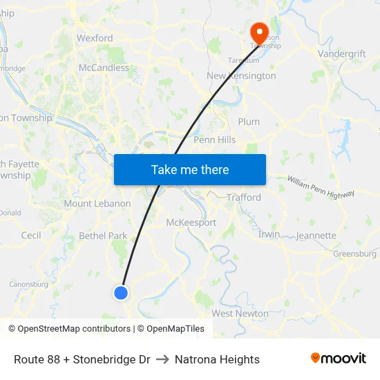 Route 88 + Stonebridge Dr to Natrona Heights map