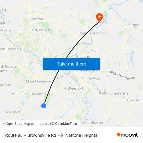 Route 88 + Brownsville Rd to Natrona Heights map