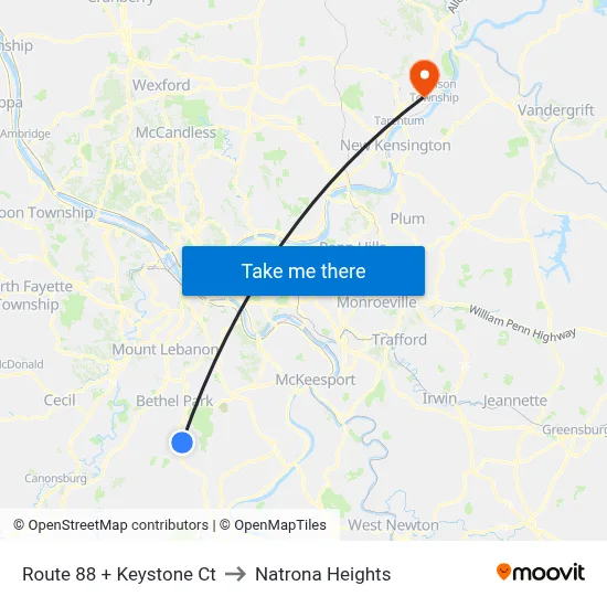 Route 88 + Keystone Ct to Natrona Heights map