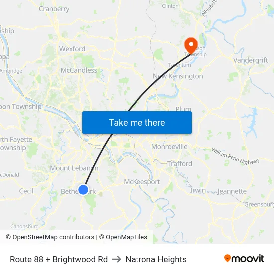 Route 88 + Brightwood Rd to Natrona Heights map