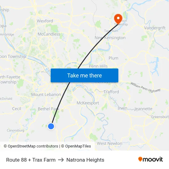 Route 88 + Trax Farm to Natrona Heights map