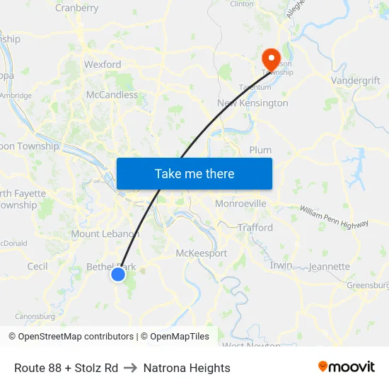 Route 88 + Stolz Rd to Natrona Heights map