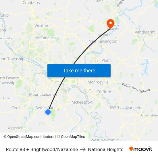 Route 88 + Brightwood/Nazarene to Natrona Heights map