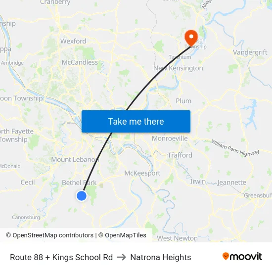 Route 88 + Kings School Rd to Natrona Heights map