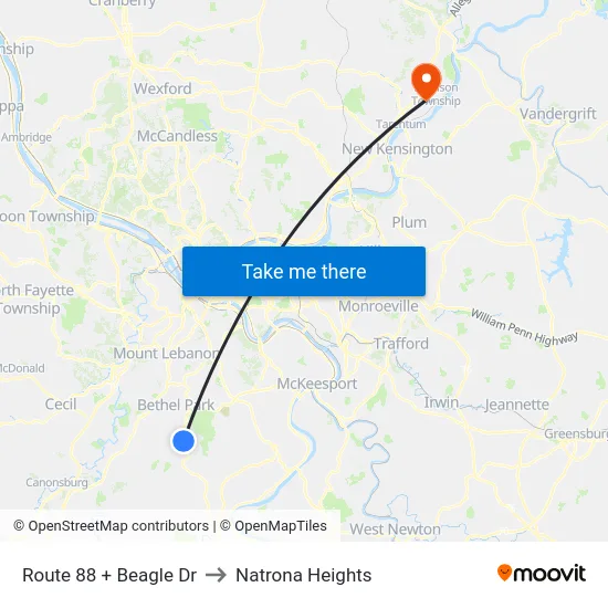 Route 88 + Beagle  Dr to Natrona Heights map